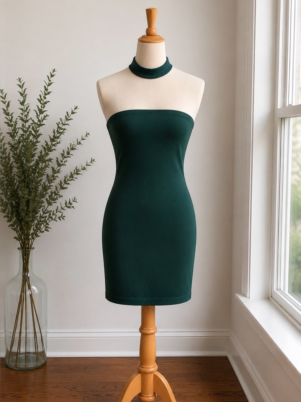 Dark Green Strapless Dress with Neck Collar